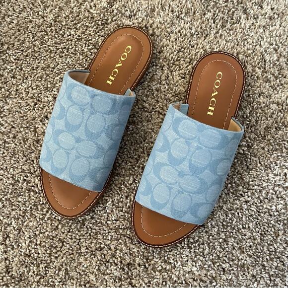 New Coach Blue Signature Monogram C Canvas Sandals Shoes - Picture 2 of 7